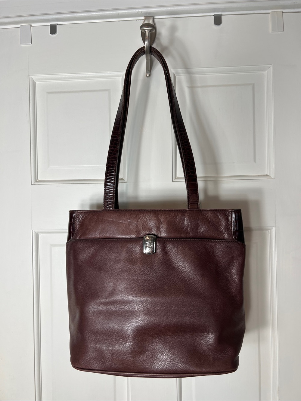 Ralph Lauren Brown Leather Shoulder Bag with Croc-Trim Straps